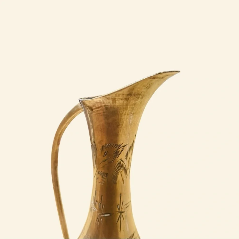Vintage Solid Brass Pitcher Vase Etched with Handle  11